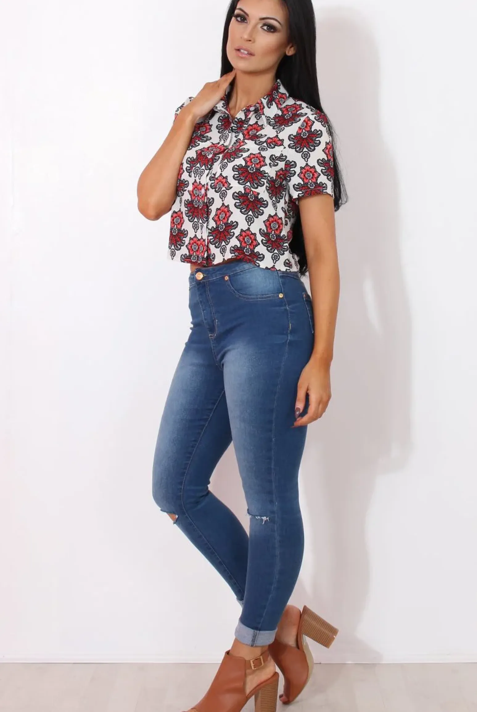 Rebellious Fashion Fern Red Floral Print Crop Shirt
