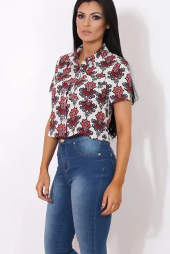Rebellious Fashion Fern Red Floral Print Crop Shirt