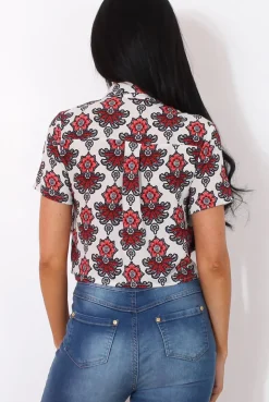 Rebellious Fashion Fern Red Floral Print Crop Shirt