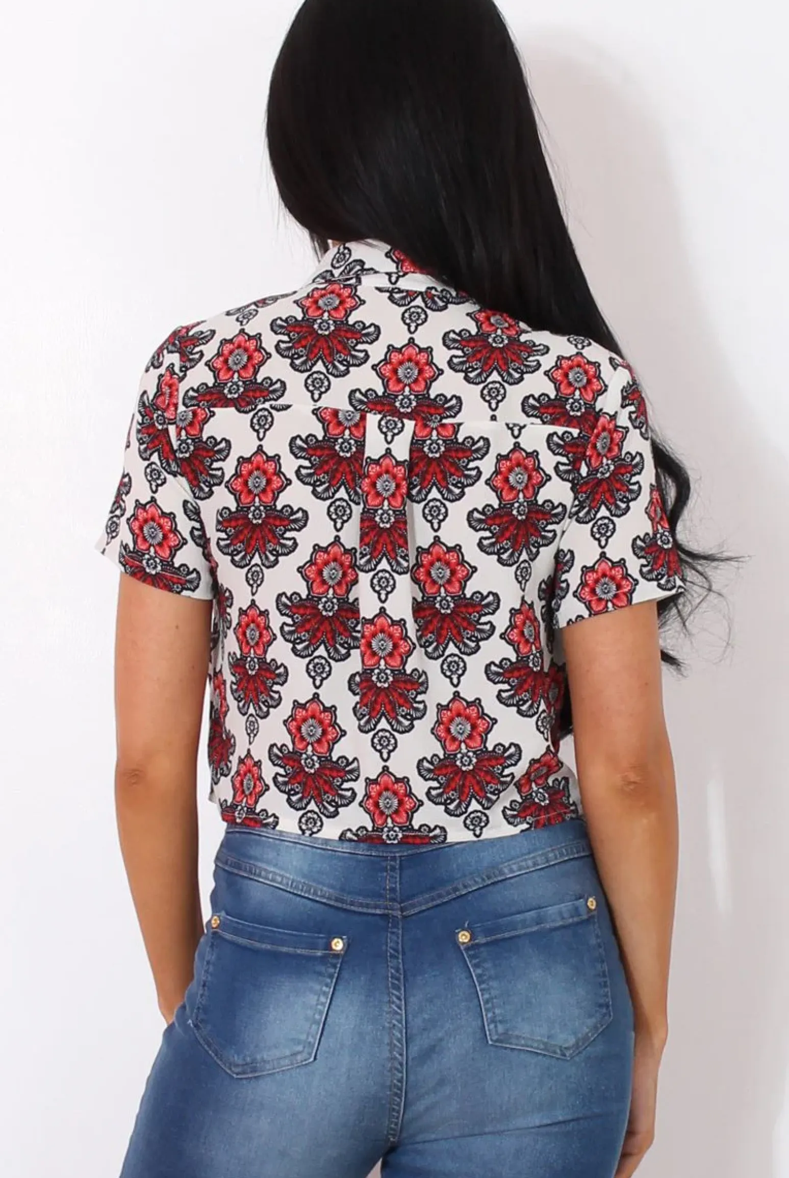 Rebellious Fashion Fern Red Floral Print Crop Shirt