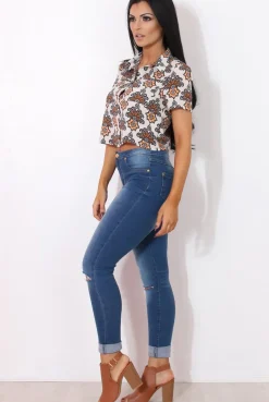 Rebellious Fashion Fern Rust Floral Crop Shirt