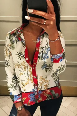 Rebellious Fashion Floral Button Down Blouse with Red Contrast - Katherine