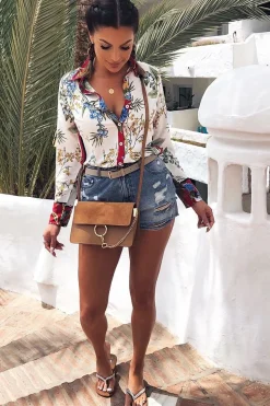 Rebellious Fashion Floral Button Down Blouse with Red Contrast - Katherine