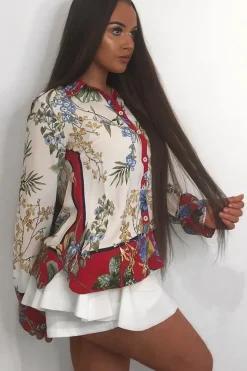 Rebellious Fashion Floral Button Down Blouse with Red Contrast - Katherine