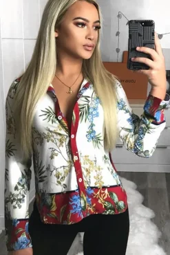 Rebellious Fashion Floral Button Down Blouse with Red Contrast - Katherine