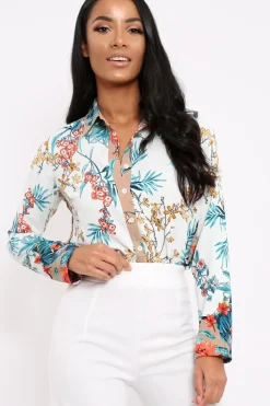 Rebellious Fashion Floral Button Down Blouse with Beige Contrast - Katherine