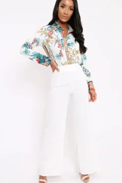 Rebellious Fashion Floral Button Down Blouse with Beige Contrast - Katherine