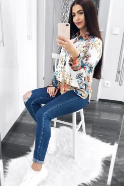 Rebellious Fashion Floral Button Down Blouse with Beige Contrast - Katherine