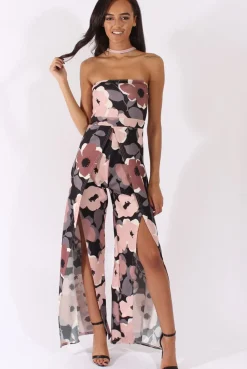 Rebellious Fashion Floral Print Bandeau Choker Split Detail Jumpsuit - Rosy