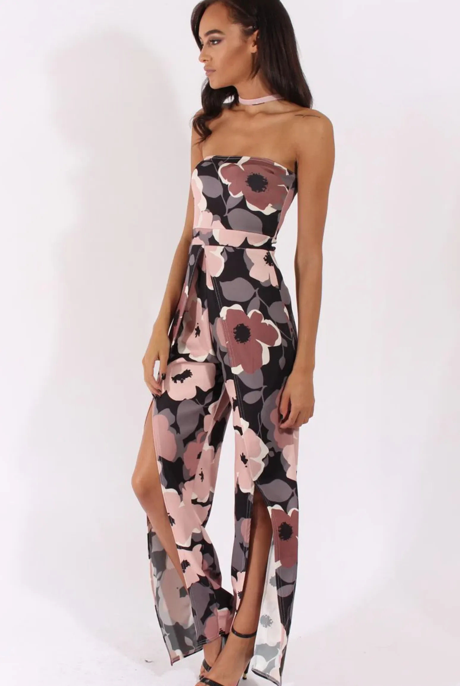 Rebellious Fashion Floral Print Bandeau Choker Split Detail Jumpsuit - Rosy