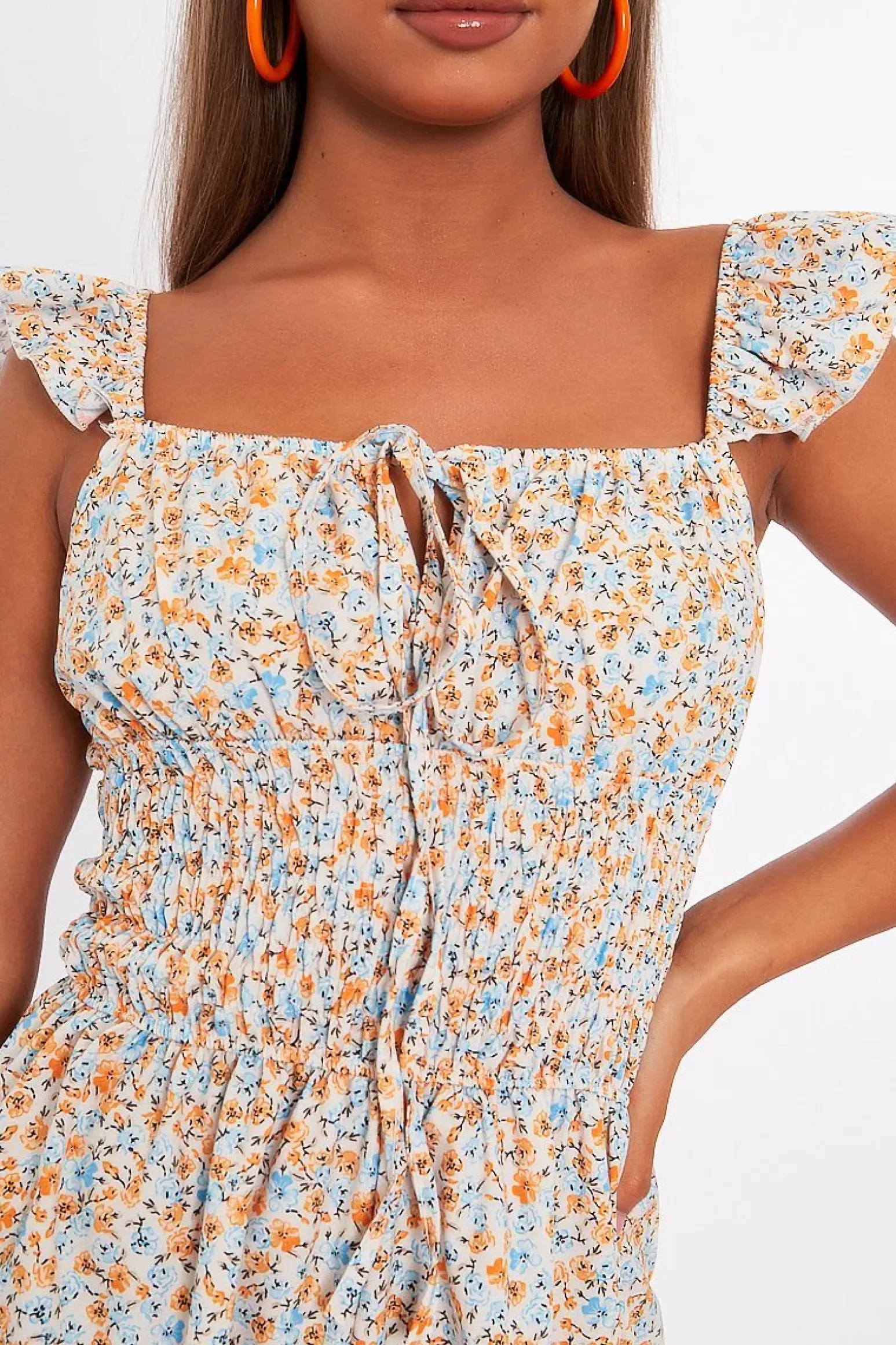 Rebellious Fashion Floral Shirred Style Short Sleeve Cream Playsuit - Nelsy