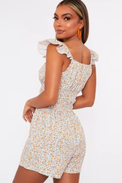 Rebellious Fashion Floral Shirred Style Short Sleeve Cream Playsuit - Nelsy
