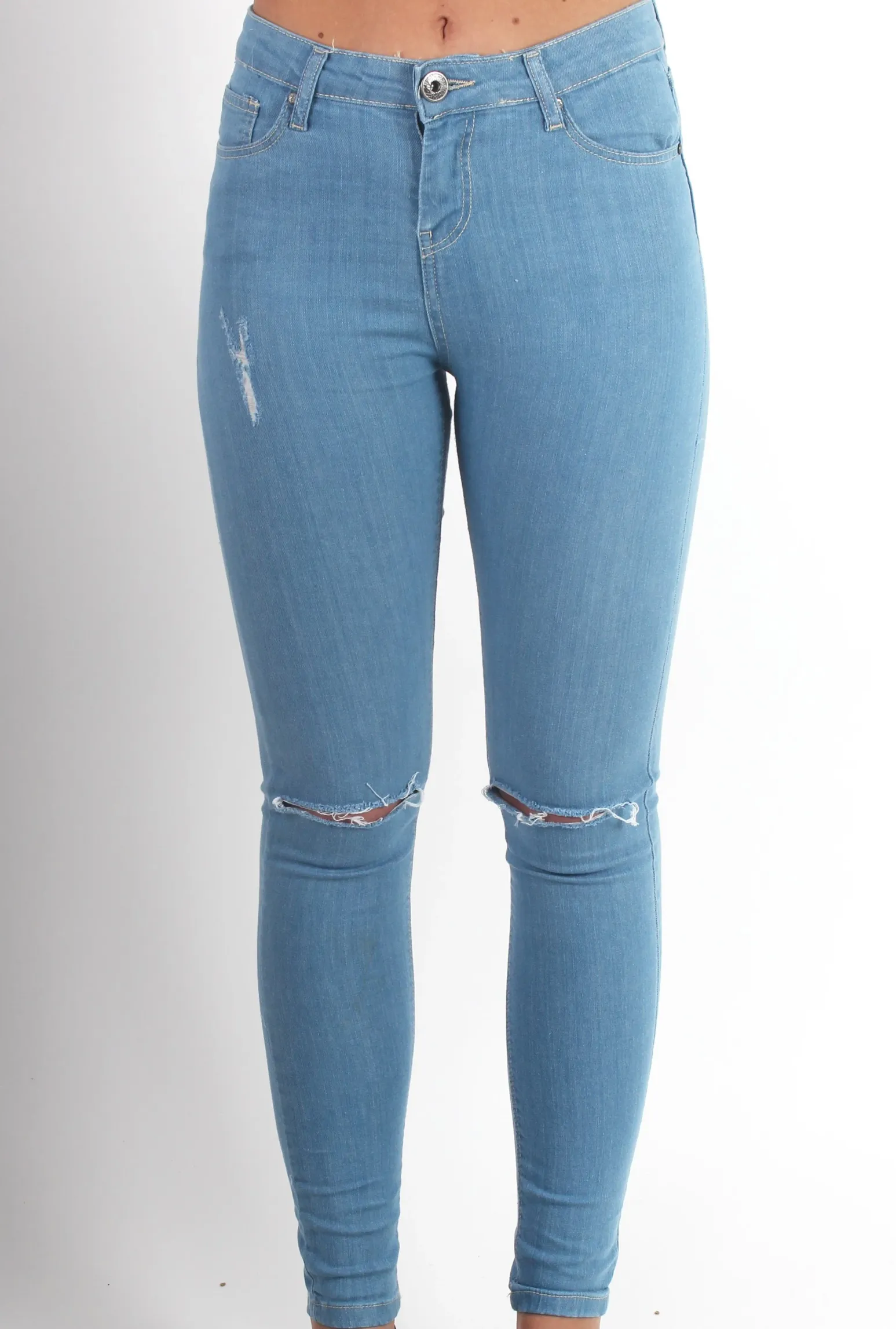Rebellious Fashion Fran Light Wash Distressed Ripped Knee High Waisted Jeans