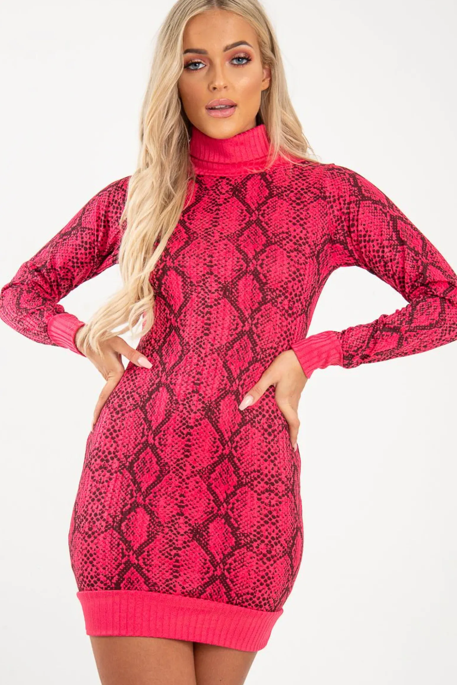 Rebellious Fashion Fuchsia Snake Print Roll Neck Mini Dress - Azani