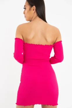 Rebellious Fashion Fuchsia Bardot Lettuce Hem Rib Knit Mini Dress - Keysha