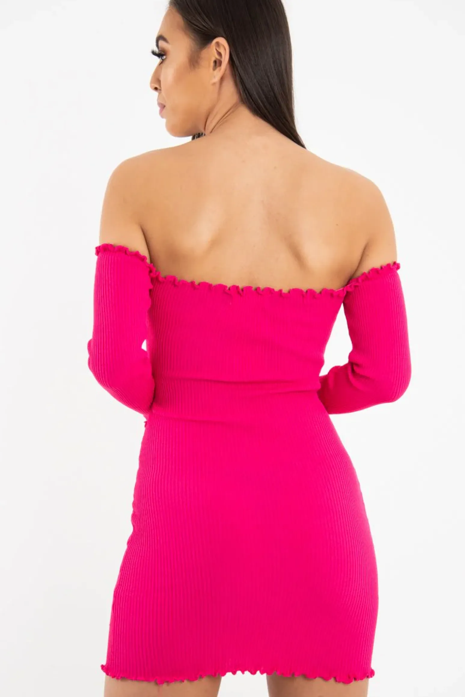 Rebellious Fashion Fuchsia Bardot Lettuce Hem Rib Knit Mini Dress - Keysha