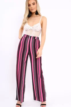 Rebellious Fashion Fuchsia, Black and White Striped High Waist Flare Trousers - Jen