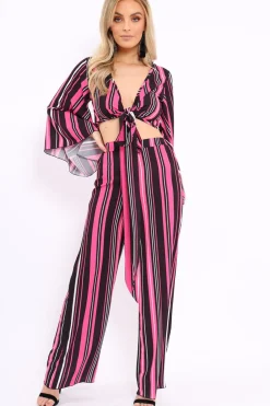 Rebellious Fashion Fuchsia, Black and White Striped High Waist Flare Trousers - Jen