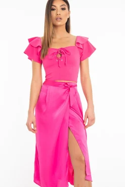Rebellious Fashion Fuchsia Cold Shoulder Lace Up Bardot Crop Top - Kenndra