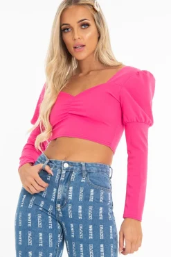 Rebellious Fashion Fuchsia Crepe Sweetheart Puff Sleeve Crop Top - Porsha