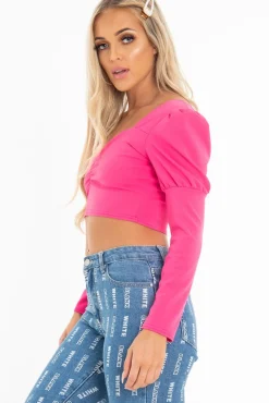 Rebellious Fashion Fuchsia Crepe Sweetheart Puff Sleeve Crop Top - Porsha