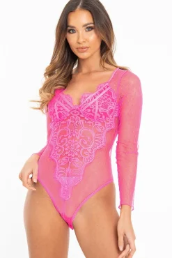 Rebellious Fashion Fuchsia Dobby Mesh Low Cut Bodysuit - Tamara