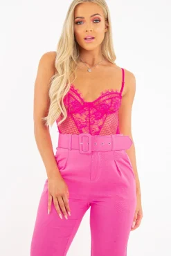 Rebellious Fashion Fuchsia Floral Net Mesh Lace Bodysuit - Eloni