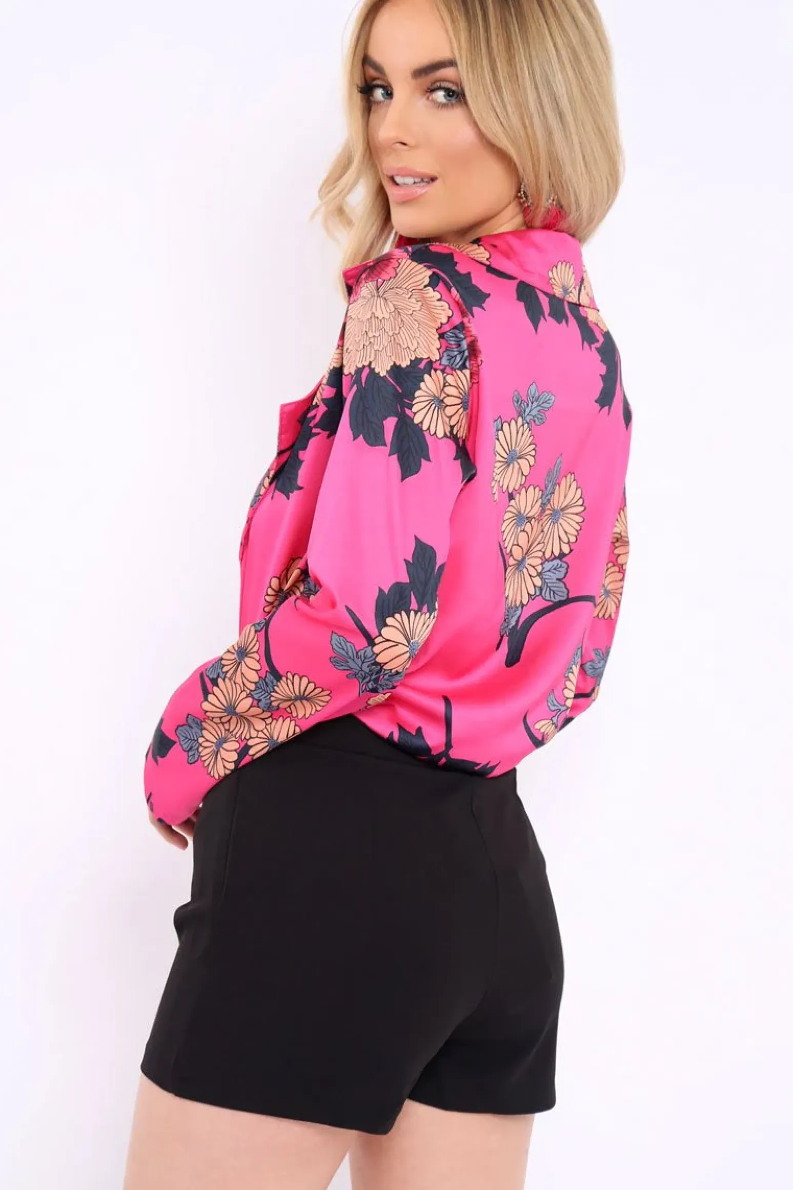 Rebellious Fashion Fuchsia Flower Print Plunge Satin Bodysuit - Madelynn