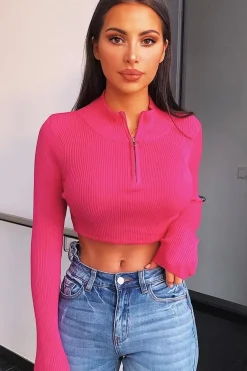 Rebellious Fashion Fuchsia Half Zip Rib Crop Jumper - Elisea