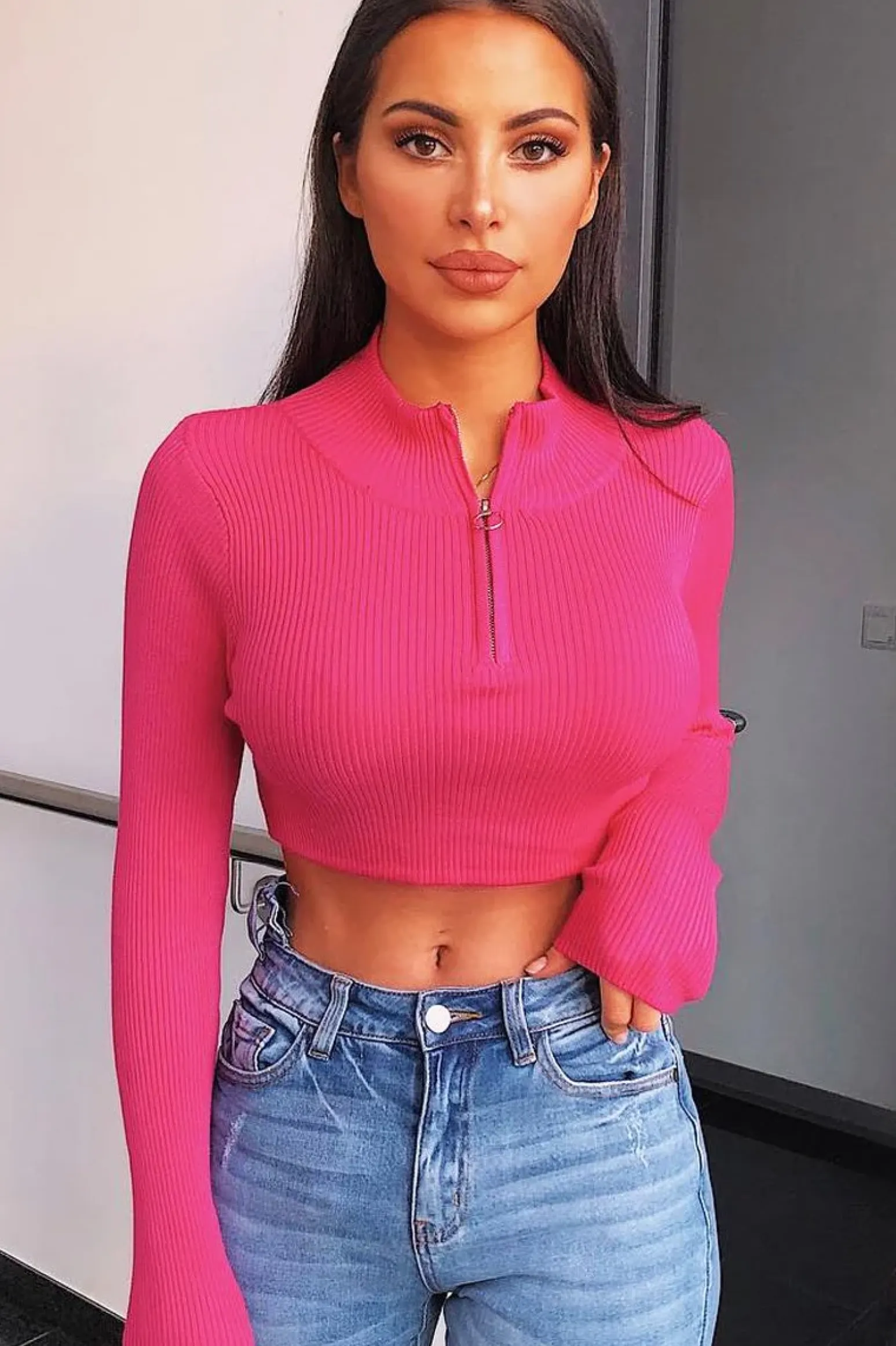 Rebellious Fashion Fuchsia Half Zip Rib Crop Jumper - Elisea