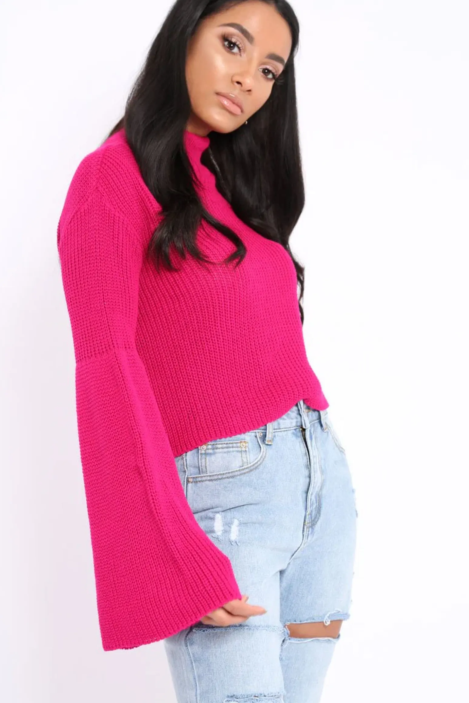 Rebellious Fashion Fuchsia High Neck Flared Sleeve Jumper - Aloni