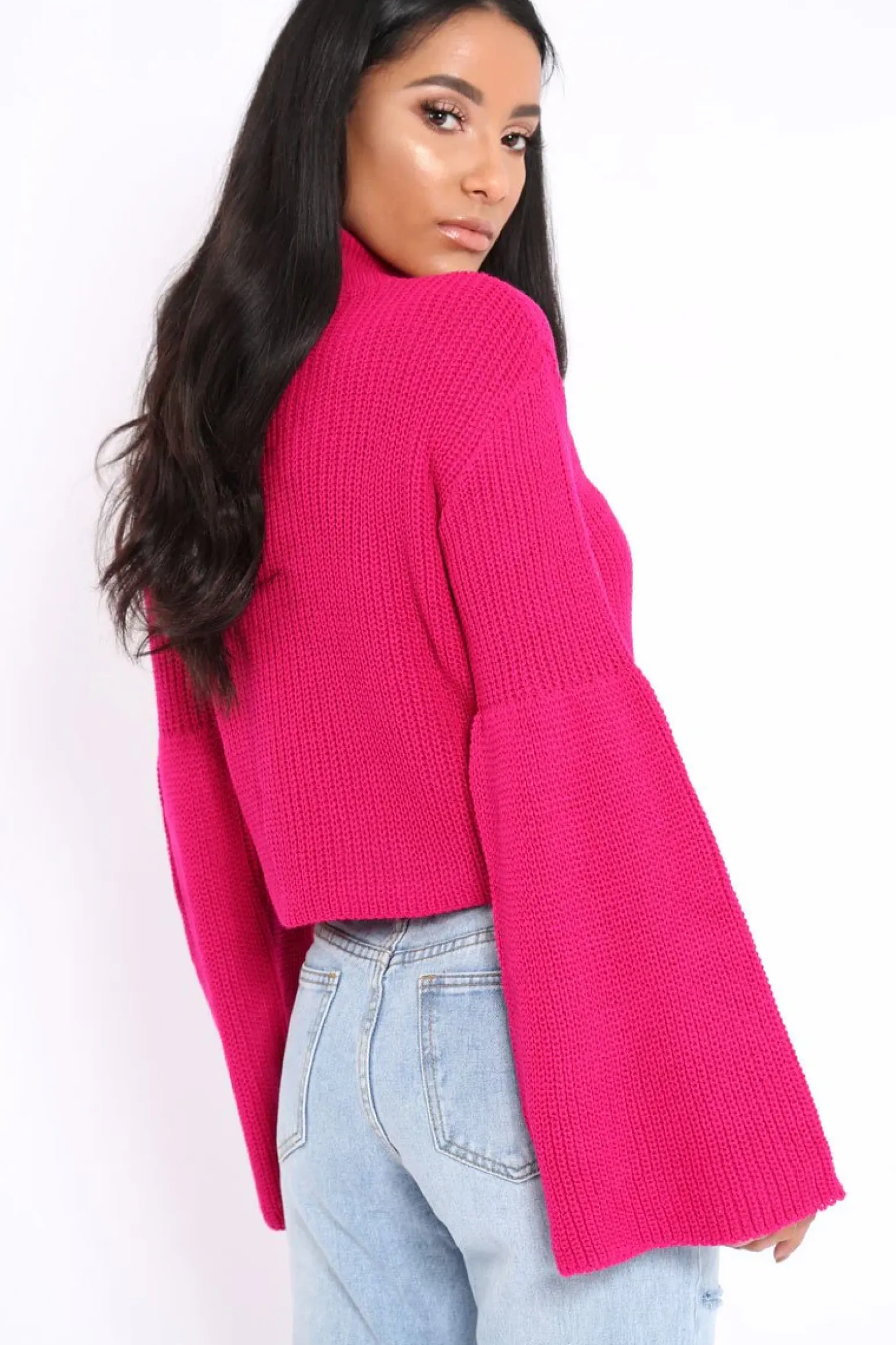 Rebellious Fashion Fuchsia High Neck Flared Sleeve Jumper - Aloni