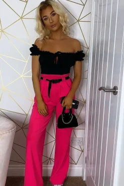 Rebellious Fashion Fuchsia High Waist Paper Bag Buckle Belt Trousers - Ivyonna