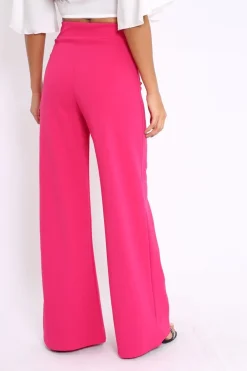 Rebellious Fashion Fuchsia High Waist Wide Leg Trousers with Buckle - Monico