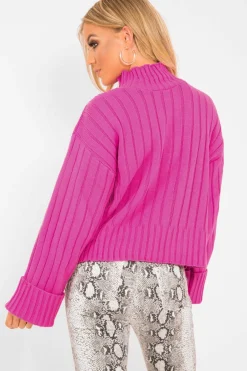 Rebellious Fashion Fuchsia Knit High Neck Jumper - Jaelynn