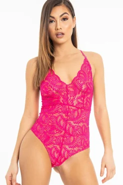 Rebellious Fashion Fuchsia Lace Cross Back Bodysuit - Brogan