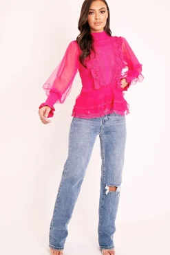 Rebellious Fashion Fuchsia Lace Panel Net Sleeve Jumper - Dalila