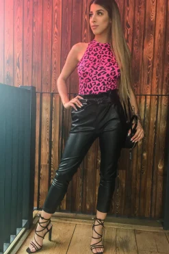 Rebellious Fashion Fuchsia Leopard Print Halter Neck Sleeveless Bodysuit - Aarika