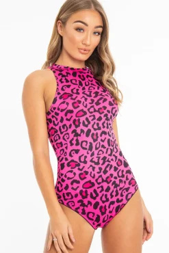 Rebellious Fashion Fuchsia Leopard Print Halter Neck Sleeveless Bodysuit - Aarika