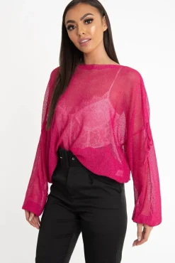 Rebellious Fashion Fuchsia Net Knit Longline Tie Detail Jumper - Kensie