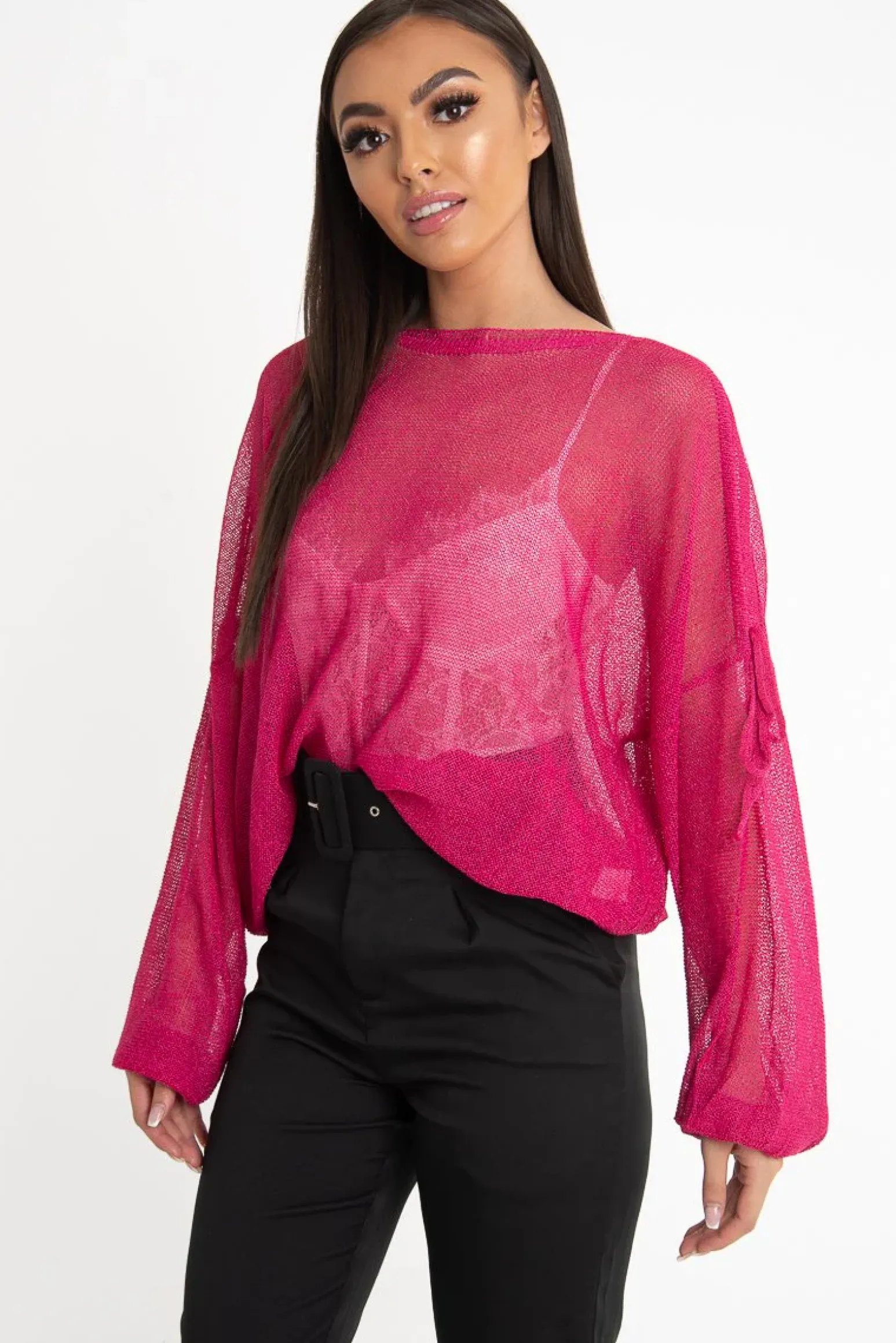 Rebellious Fashion Fuchsia Net Knit Longline Tie Detail Jumper - Kensie