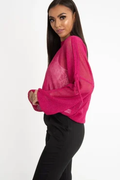 Rebellious Fashion Fuchsia Net Knit Longline Tie Detail Jumper - Kensie
