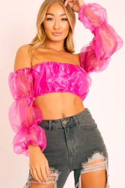 Rebellious Fashion Fuchsia Organza Bardot Puff Sleeves Crop Top - Teresa