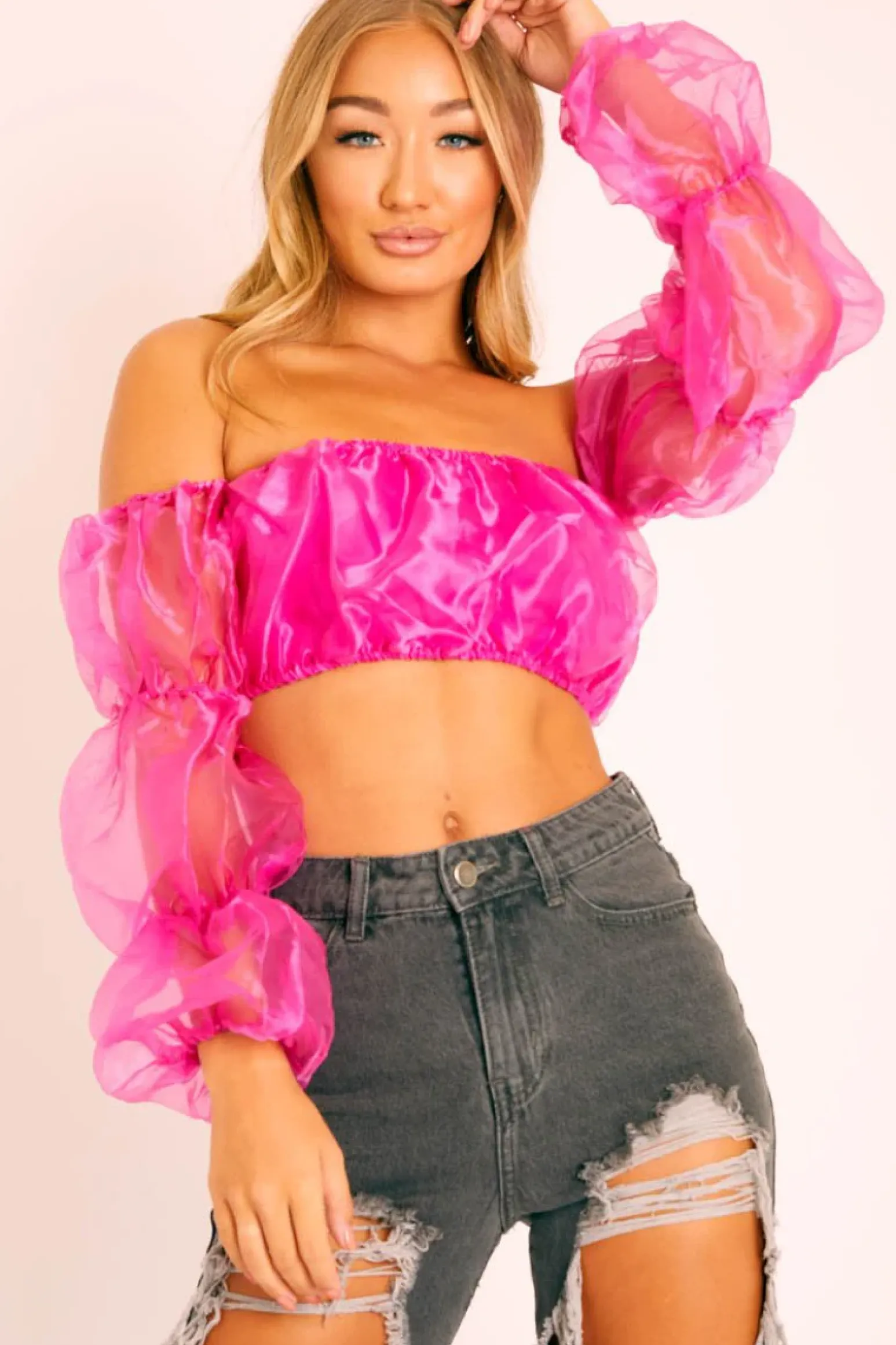 Rebellious Fashion Fuchsia Organza Bardot Puff Sleeves Crop Top - Teresa