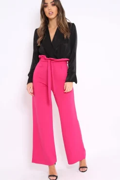 Rebellious Fashion Fuchsia Paper Bag Tie Waist Wide Leg Trousers - Kennedy