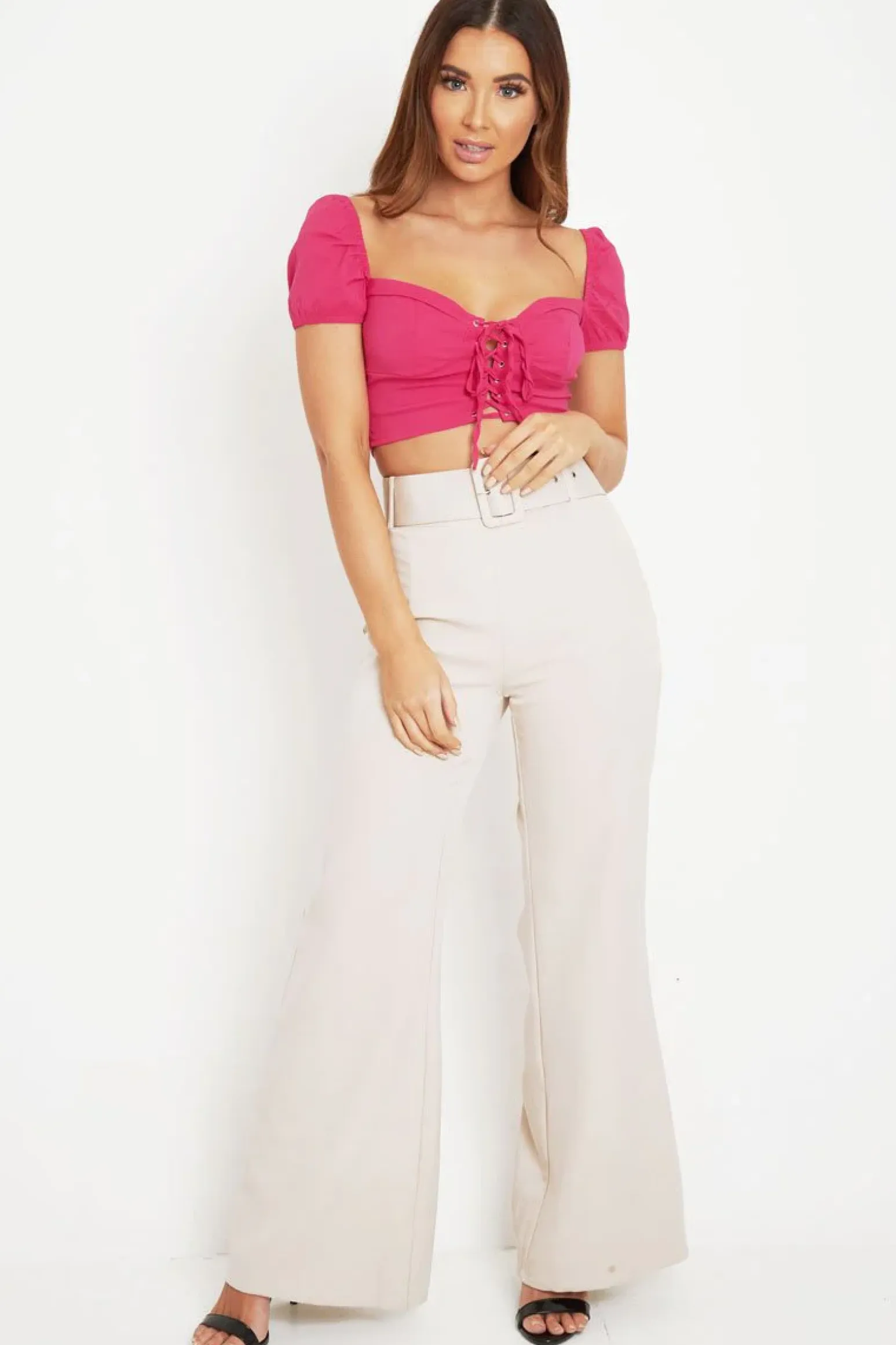 Rebellious Fashion Fuchsia Puff Sleeve Lace Up Front Crop Top - Kandis