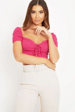 Rebellious Fashion Fuchsia Puff Sleeve Lace Up Front Crop Top - Kandis