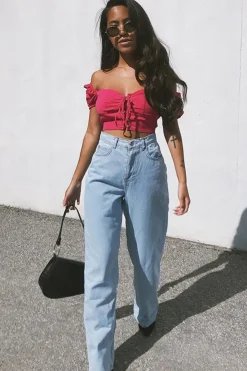 Rebellious Fashion Fuchsia Puff Sleeve Lace Up Front Crop Top - Kandis