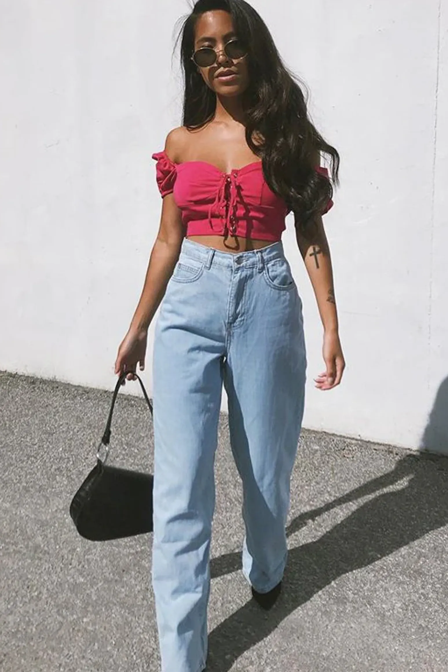 Rebellious Fashion Fuchsia Puff Sleeve Lace Up Front Crop Top - Kandis