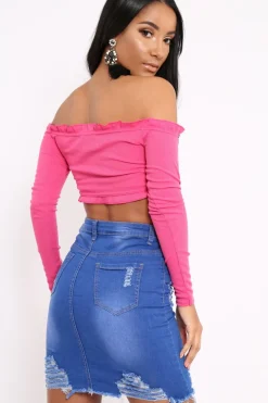 Rebellious Fashion Fuchsia Ribbed Frill Bardot Crop Top - Cassidy